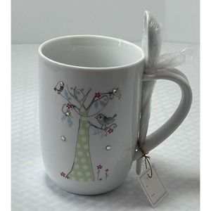 Bella Lux Porcelain Mug Rhinestones, Birds, Tree, Flowers, With Spoon, & Tag